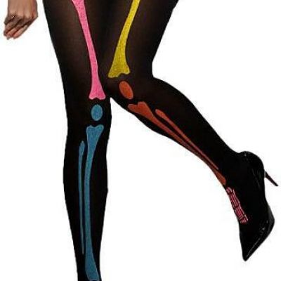 NEW Fever Hosiery Skeleton Print Opaque Tights 35608, Black, One Size Fits All